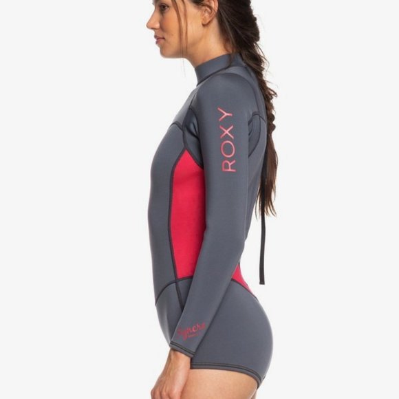Roxy 2/2mm Syncro Long Sleeve Back Zip Springsuit Wetsuit in Deep Grey/Scarlet - Picture 2 of 3